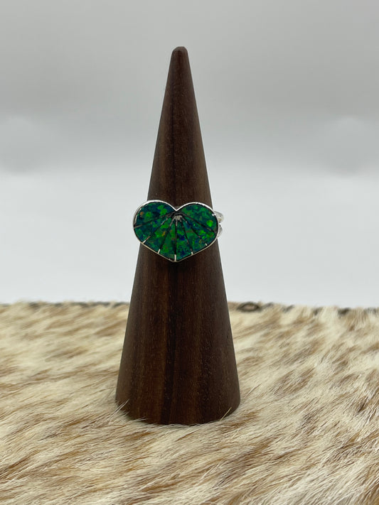 7.0 Green Opal Inlay Heart Ring by Gina Dosedo, Zuni