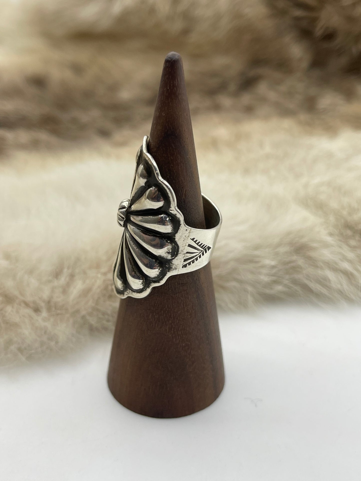 7.5 Silver Oval Concho Ring by Darnell Cadman, Navajo