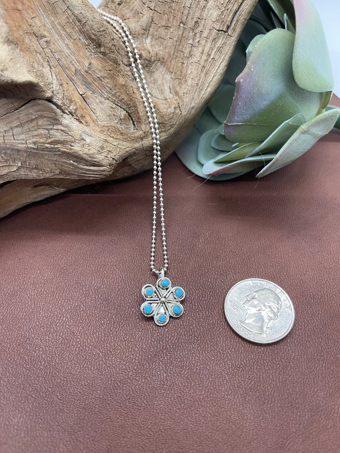 18" Turquoise Flower Pendant Necklace by Herbert Lastiyano, Zuni