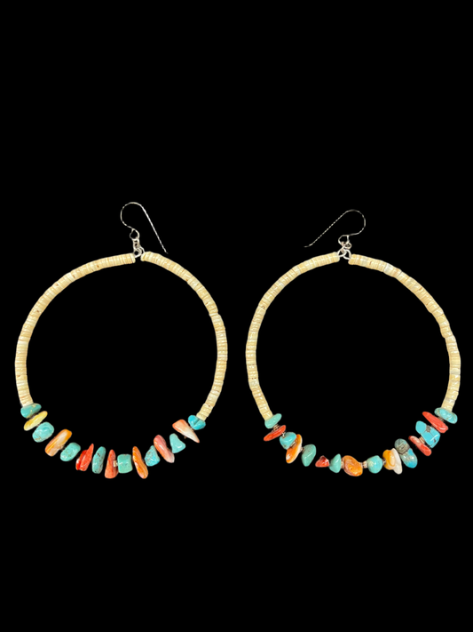 Large Clam Shell Hoops with Turquoise and Spiny Oyster Shell, Santo Domingo Made