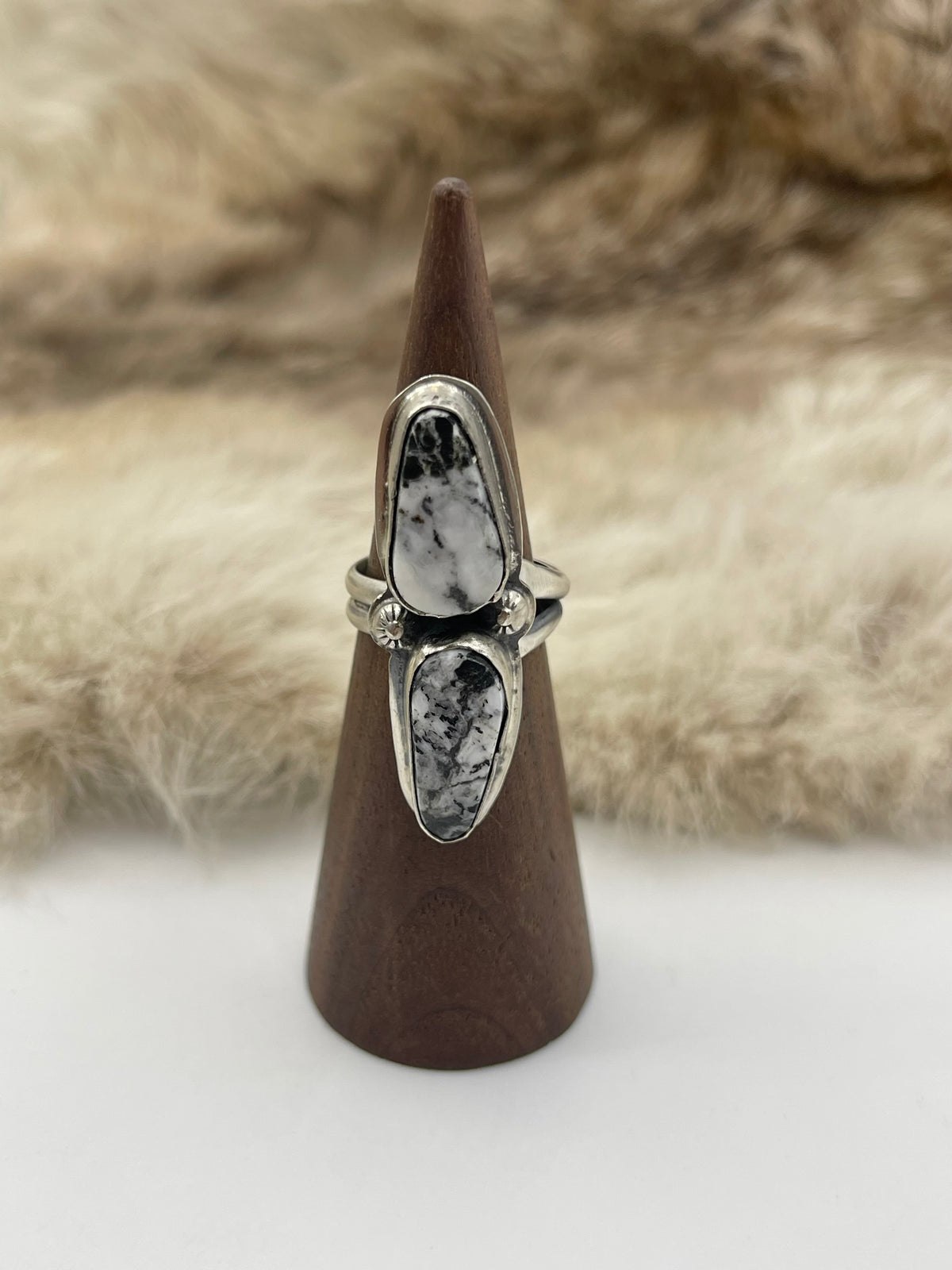 6.0 Semi Adjustable 2 Stone White Buffalo Ring by Boyd Ashley, Navajo