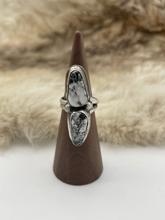 6.0 Semi Adjustable 2 Stone White Buffalo Ring by Boyd Ashley, Navajo