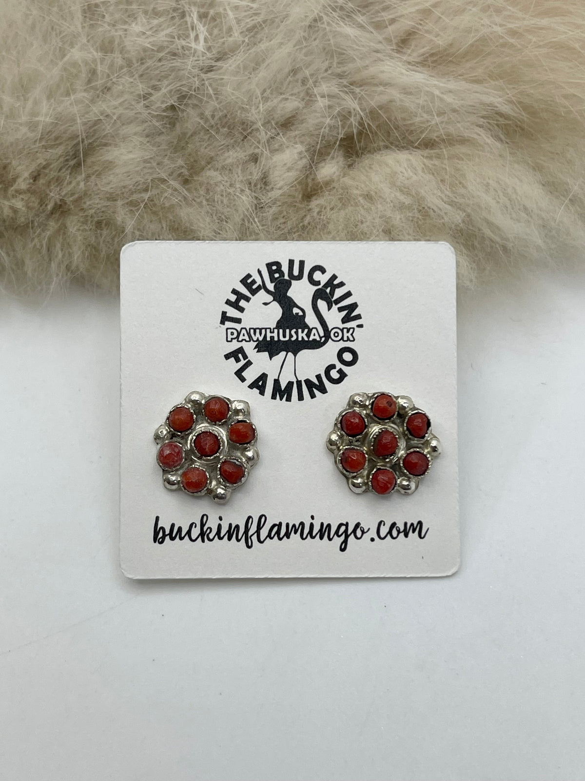 Red Coral Cluster Earrings by Gilbert Weebothee, Zuni