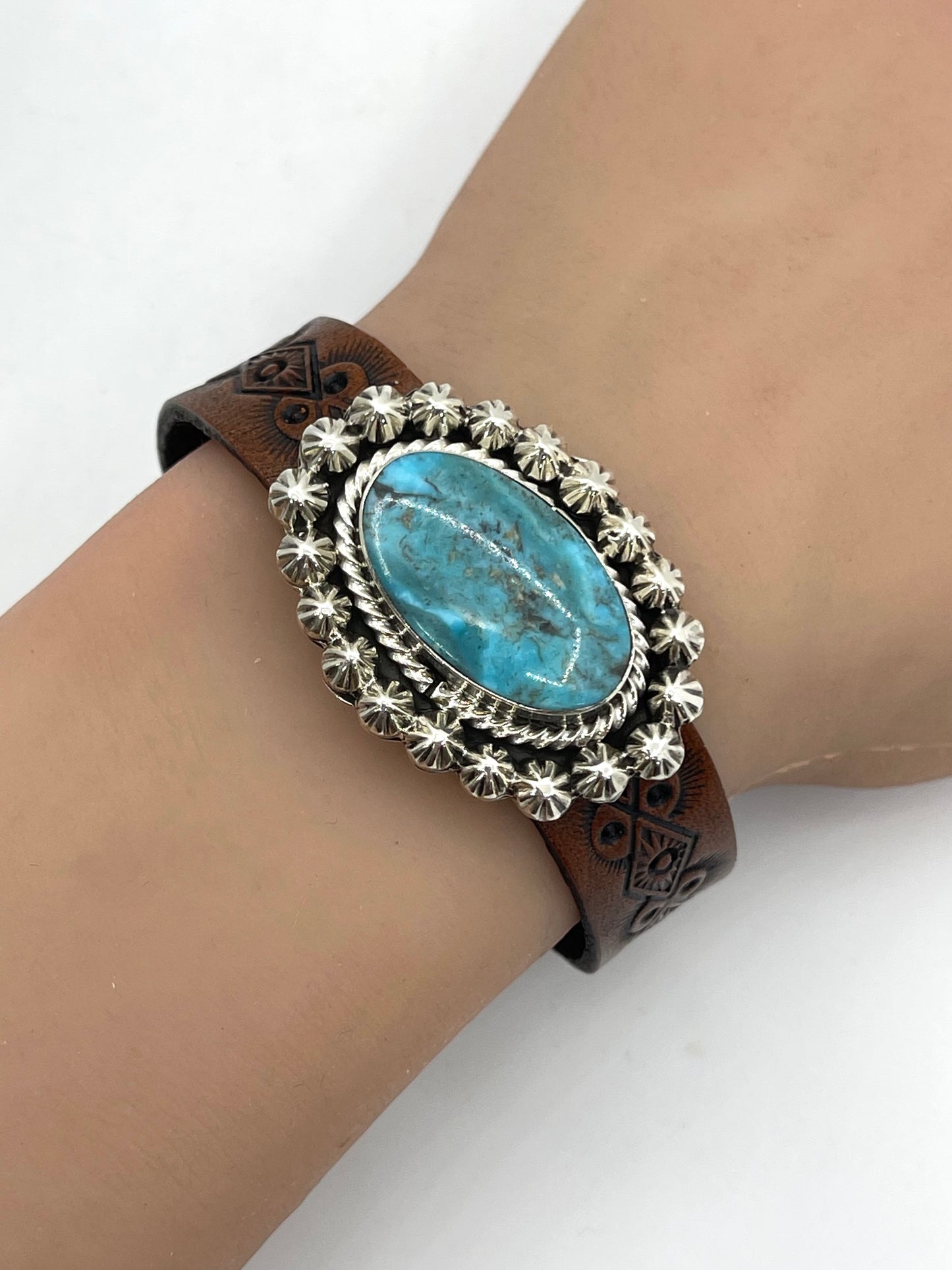 Kingman Turquoise On Stamped Leather by Suzanna Johnson, Navajo