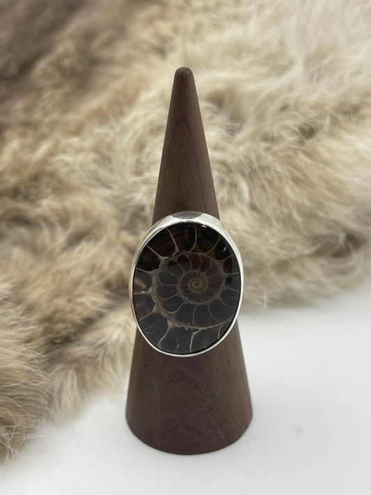 7.0 Ammonite Fossil Ring by Lawrence Willie, Navajo
