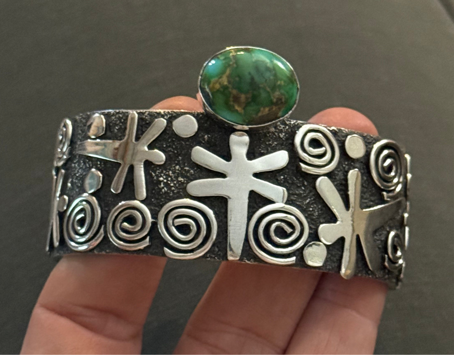 Dragonfly and Spiral Petroglyph Cuff with Sonoran Gold Turquoise by Alex Sanchez, Navajo (medium width)