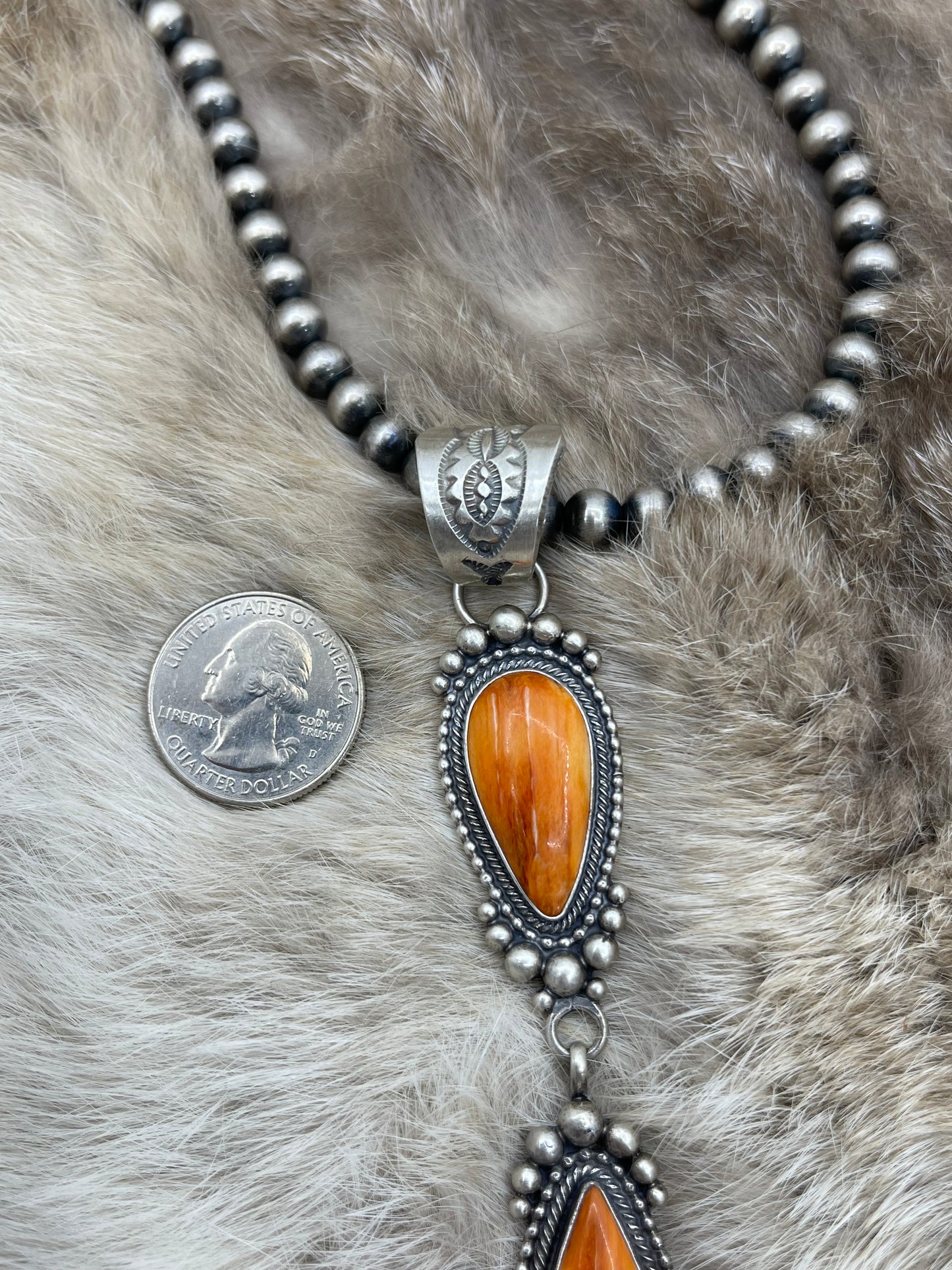 Light Spiny Oyster 2 Stone Pendant on 20" 7mm Navajo Style Pearls by Tom Lewis, Navajo