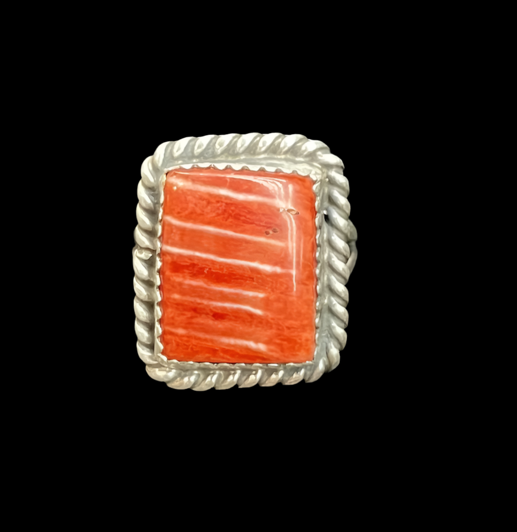 6.0 Red Spiny Oyster Shell Square Ring by Thomas Francisco, Navajo