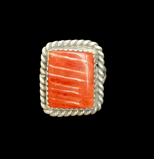 6.0 Red Spiny Oyster Shell Square Ring by Thomas Francisco, Navajo