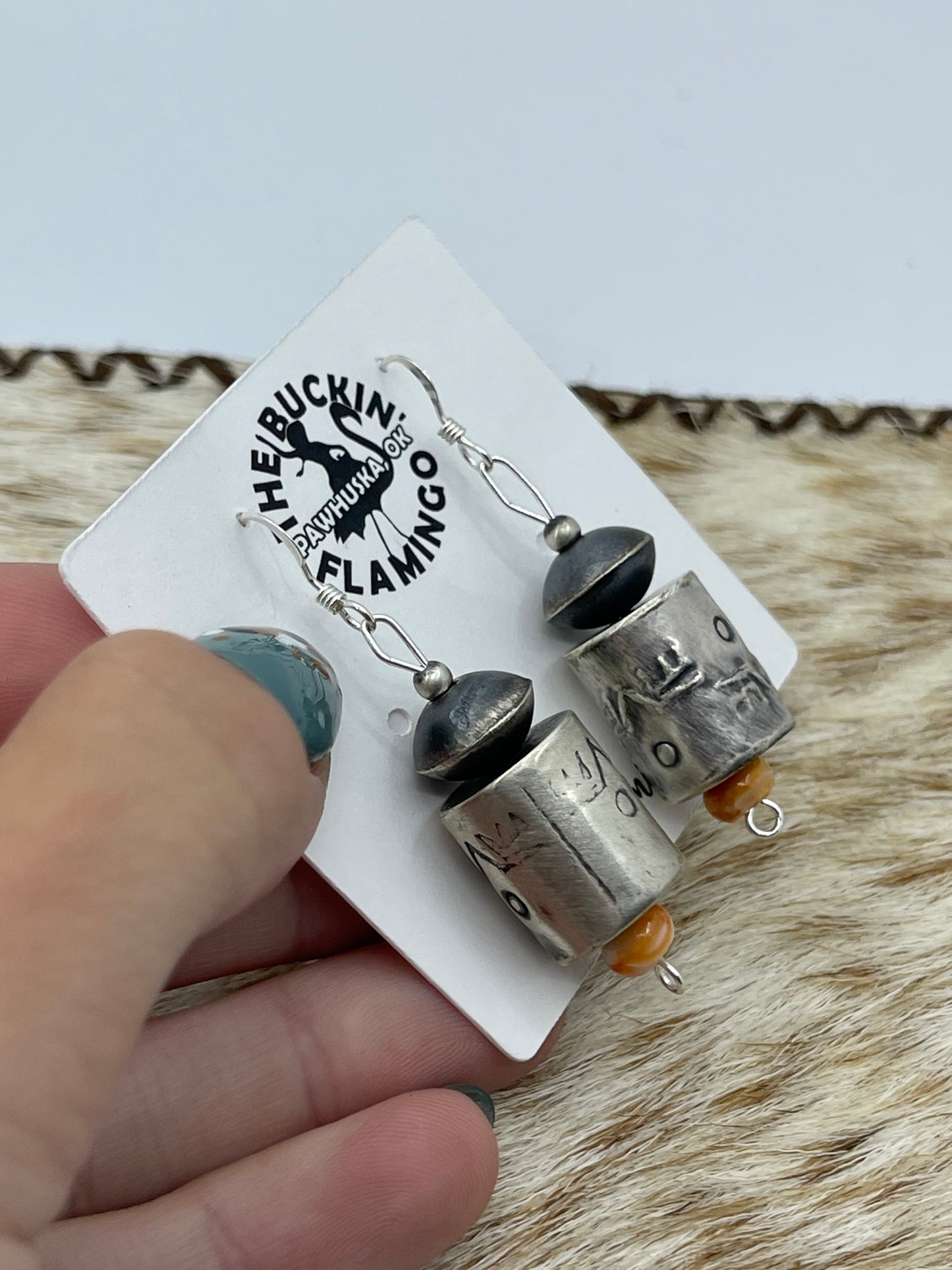 Handmade Orange Spiny Barrel Navajo Pearl Beaded Dangle Earrings by Shelby Montoya, Navajo