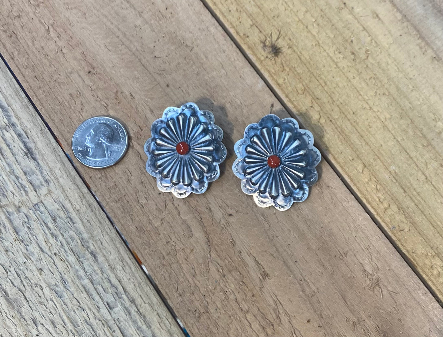 Hand Stamped Sterling Silver Concho with Coral Earrings by Rita Daye