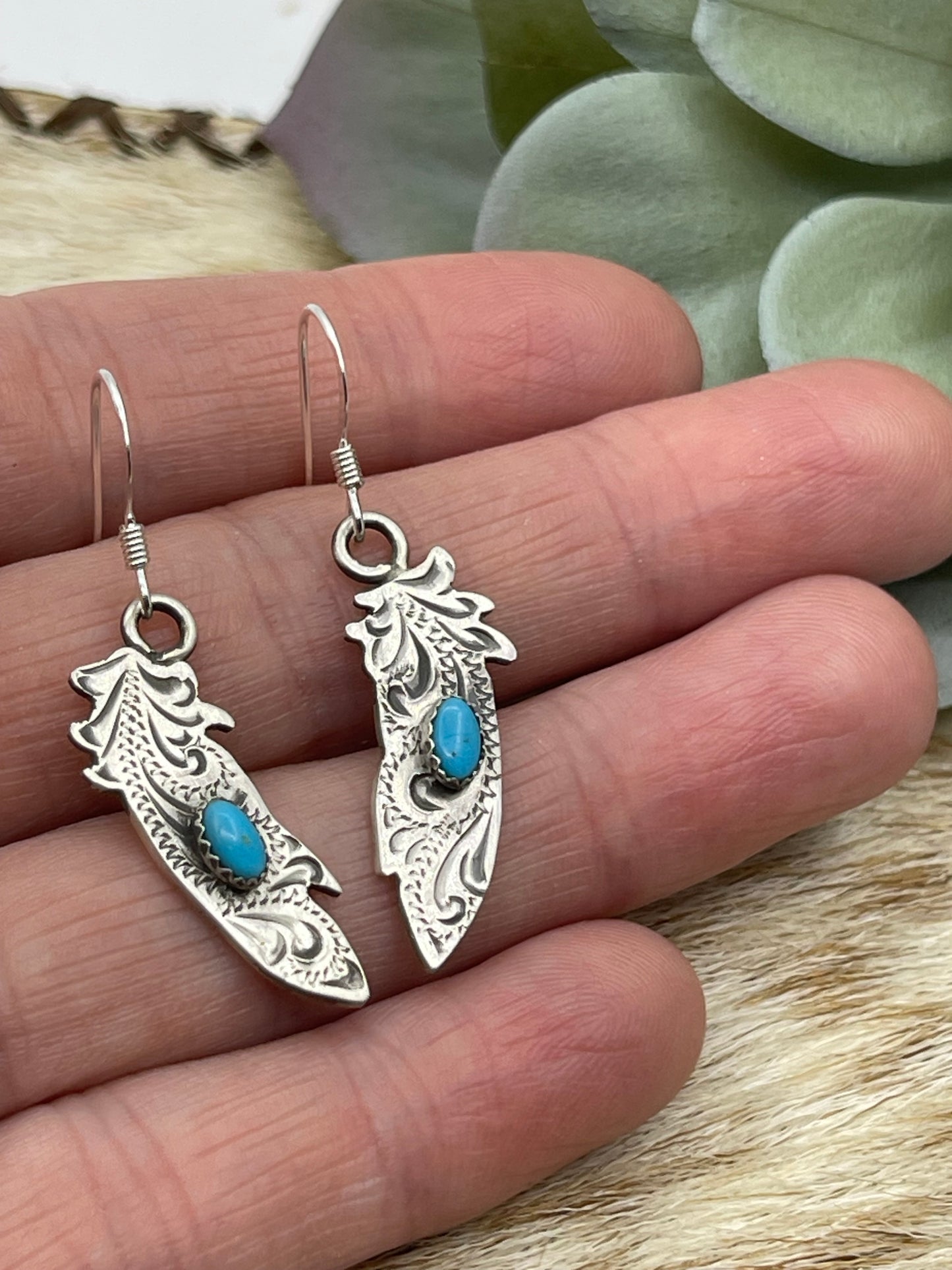 Engraved Feather with Turquoise Earrings by Sonyei Coho, Navajo
