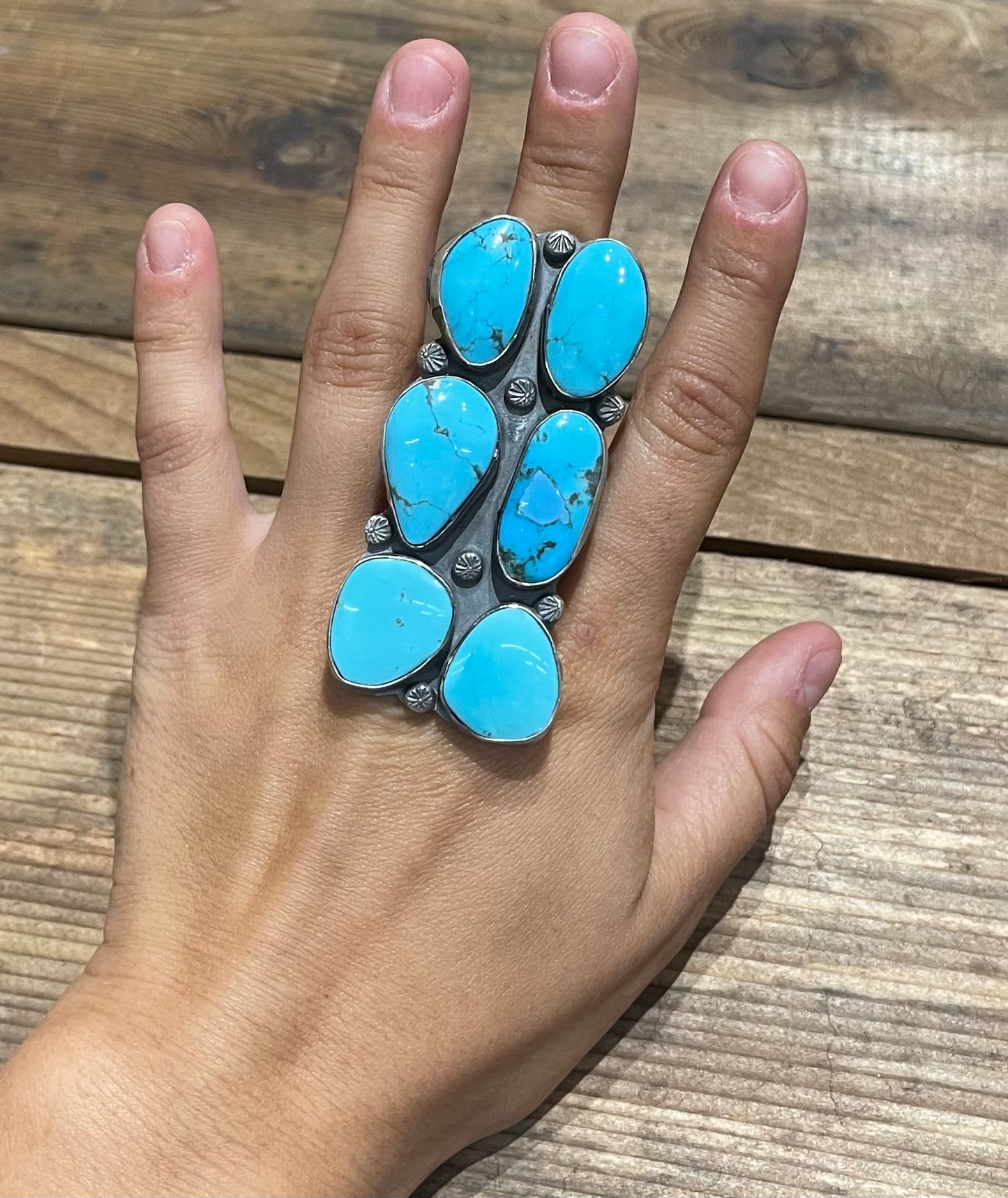 13.0 6 Stone Kingman Turquoise Ring by Gilbert Nez, Navajo