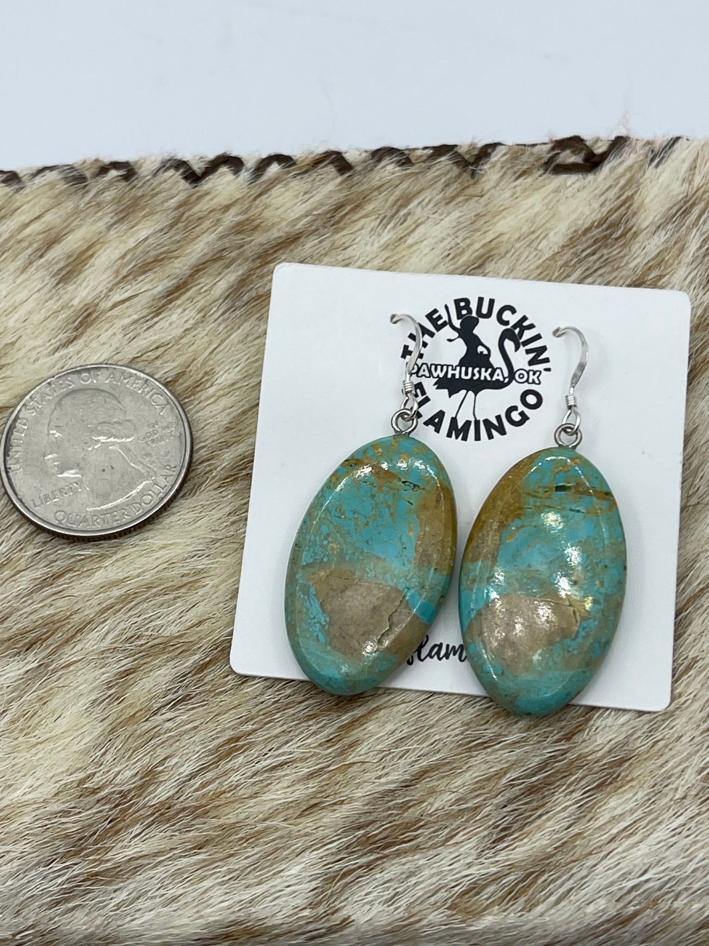 Turquoise Oval Rounded Edged Slab Dangle Earrings, Santo Domingo