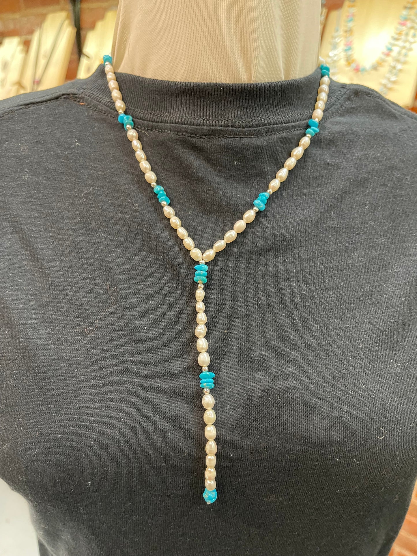 18" + 4" Drop Freshwater Pearl and Sleeping Beauty Turquoise Lariat