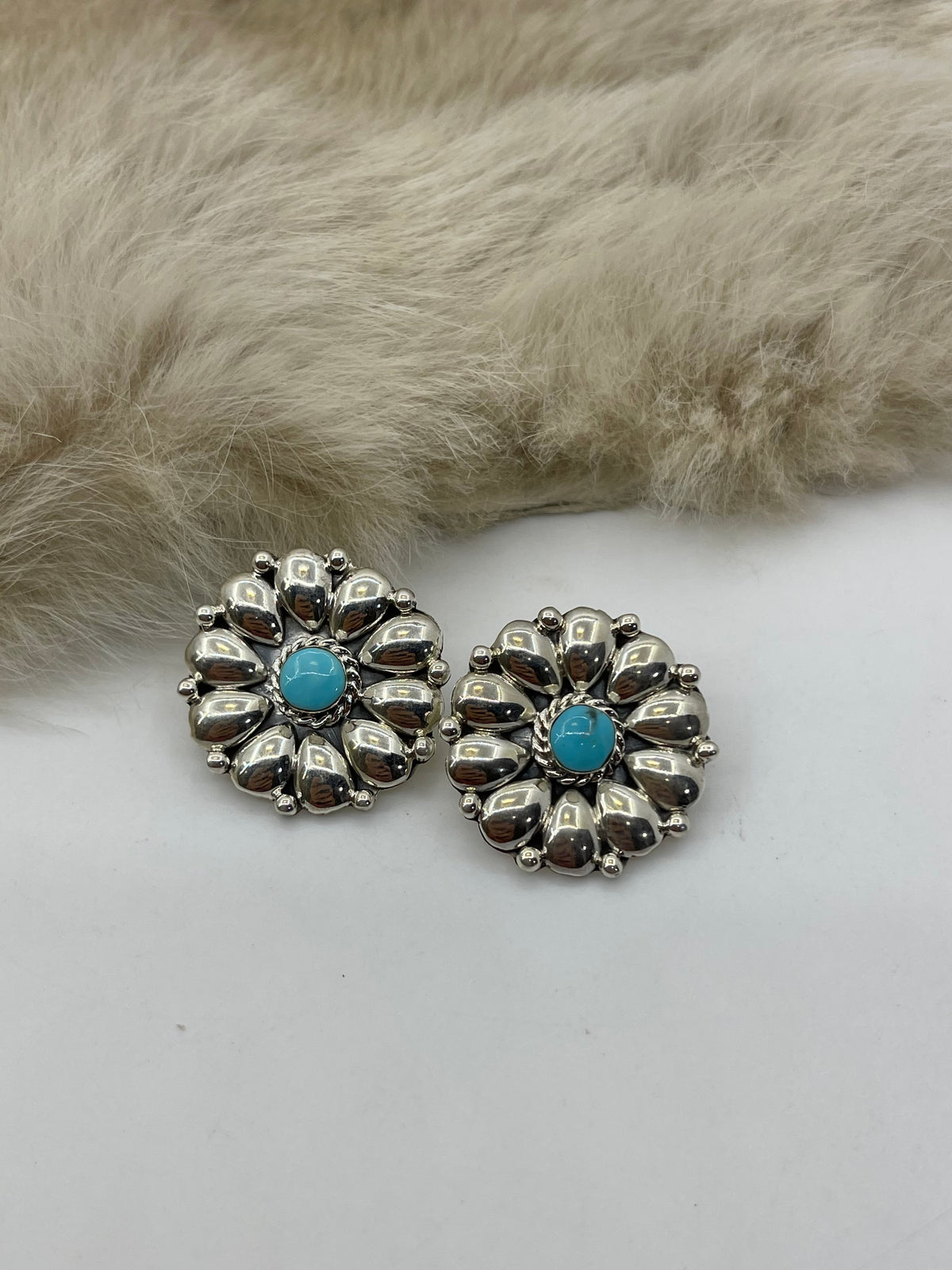 Silver Cluster with Turquoise Earring by Charlene Yazzie, Navajo
