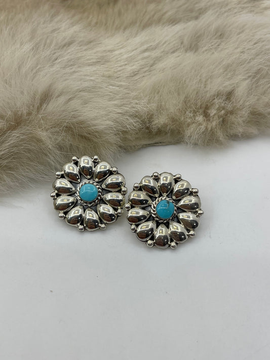 Silver Cluster with Turquoise Earring by Charlene Yazzie, Navajo