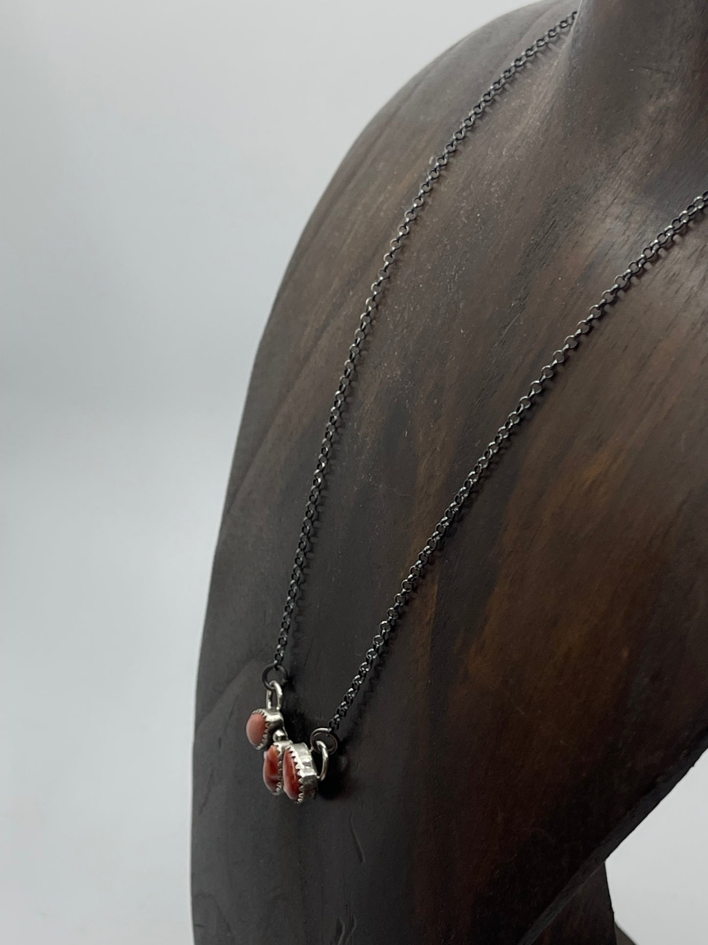 17" 3 Stone Red Spiny Oyster Shell Necklace by Maxine Ramirez, Navajo
