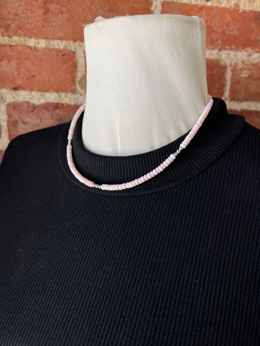 17" Pink Conch Shell and Silver Beaded Necklace by Tammy Nolcott, Navajo