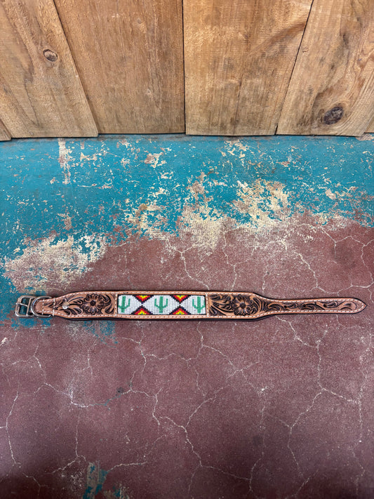 Medium Cactus Beaded Leather Tooled Dog Collar