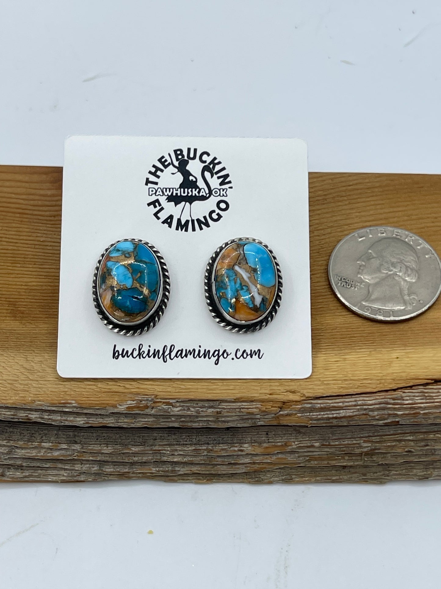 Spiny Turquoise Oval Post Earrings by Judith Dixon, Navajo