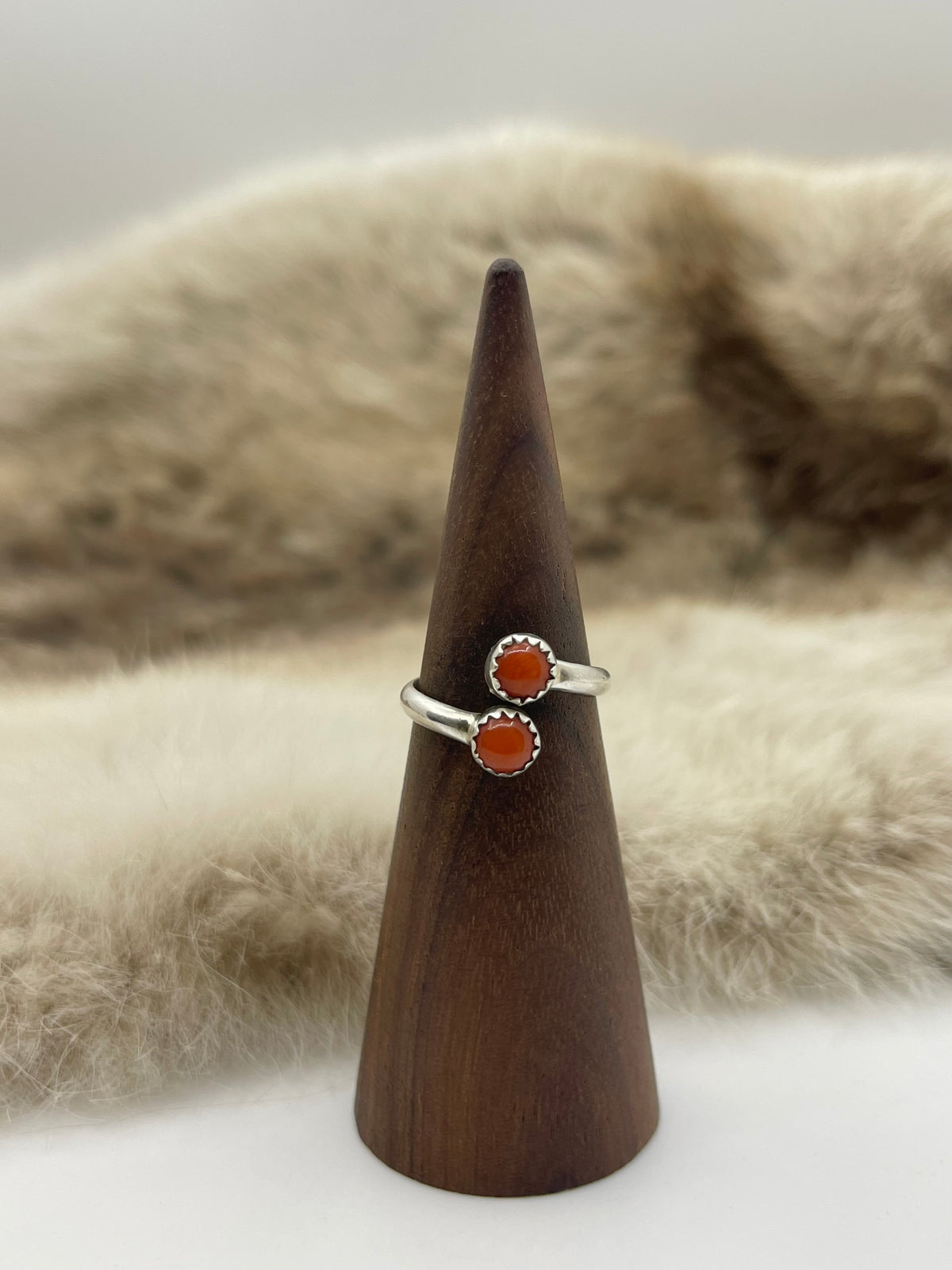 8.0 2 Stone Red Coral Semi-Adjustable Ring, Navajo