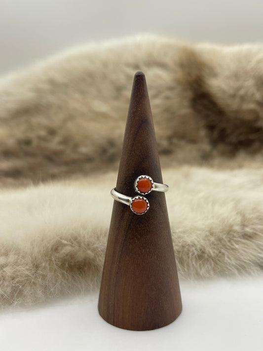 7.0 2 Stone Red Coral Semi-Adjustable Ring, Navajo