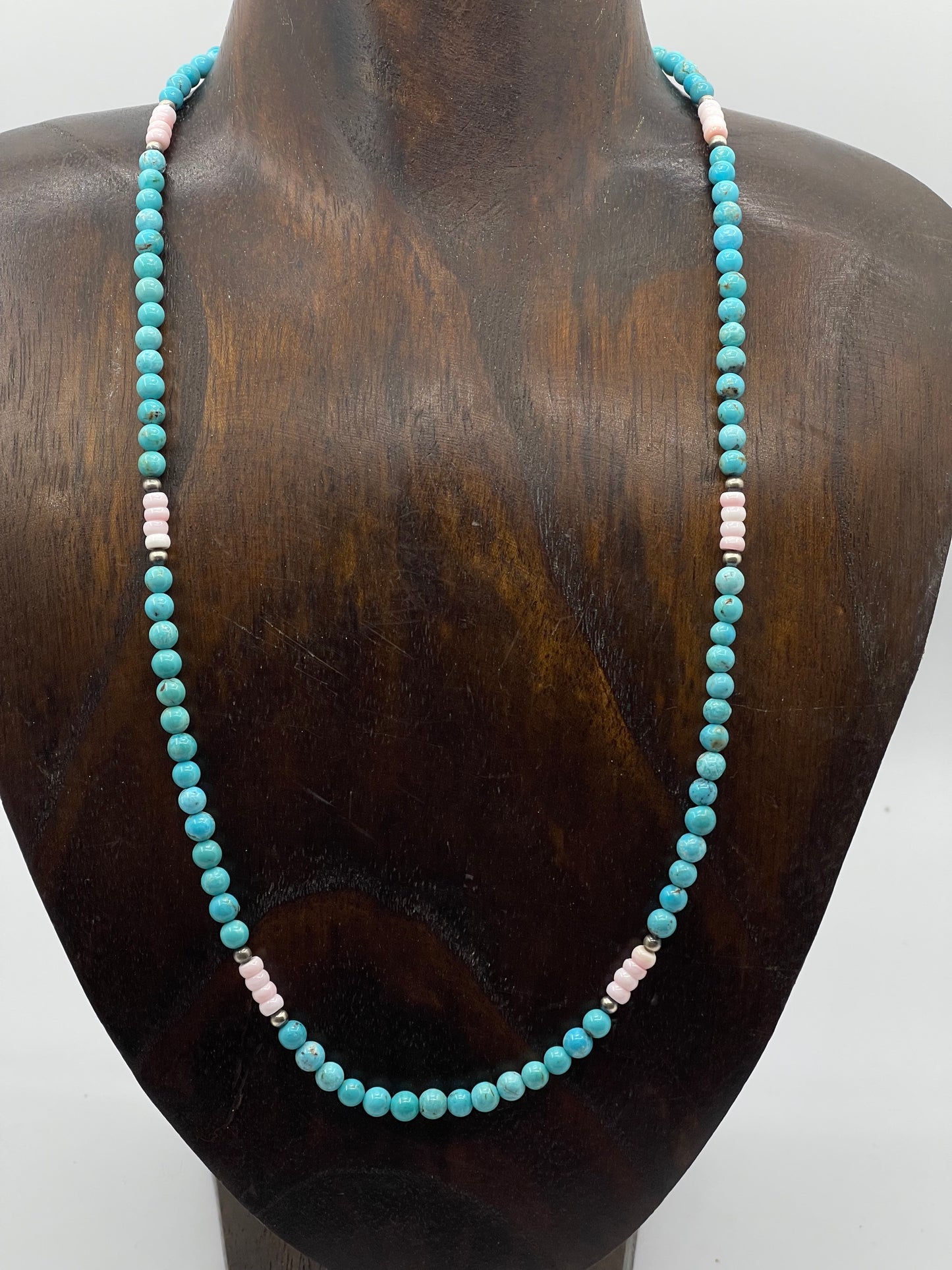 20 1/2" Turquoise, Navajo Pearls, and Pink Conch Shell Necklace by Tammy Nolcott, Navajo
