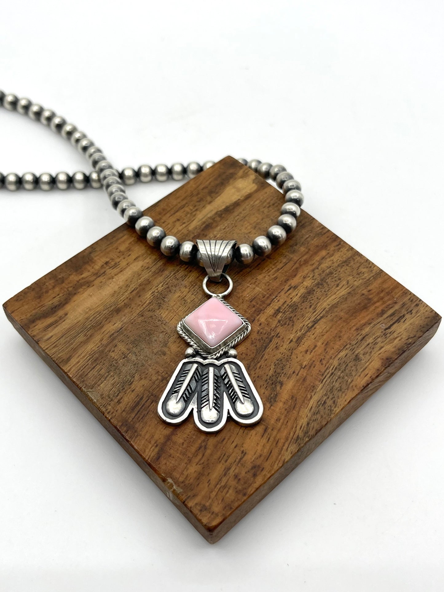 16" 5mm Navajo Style Pearls with Pink Conch Shell 3 Feather Pendant by Sharon McCarthy, Navajo