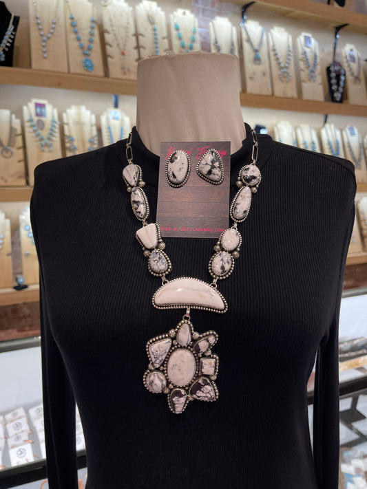 22”+4.5” White Buffalo Cluster Necklace & Earring Set by Mary Ellen Pease, Navajo