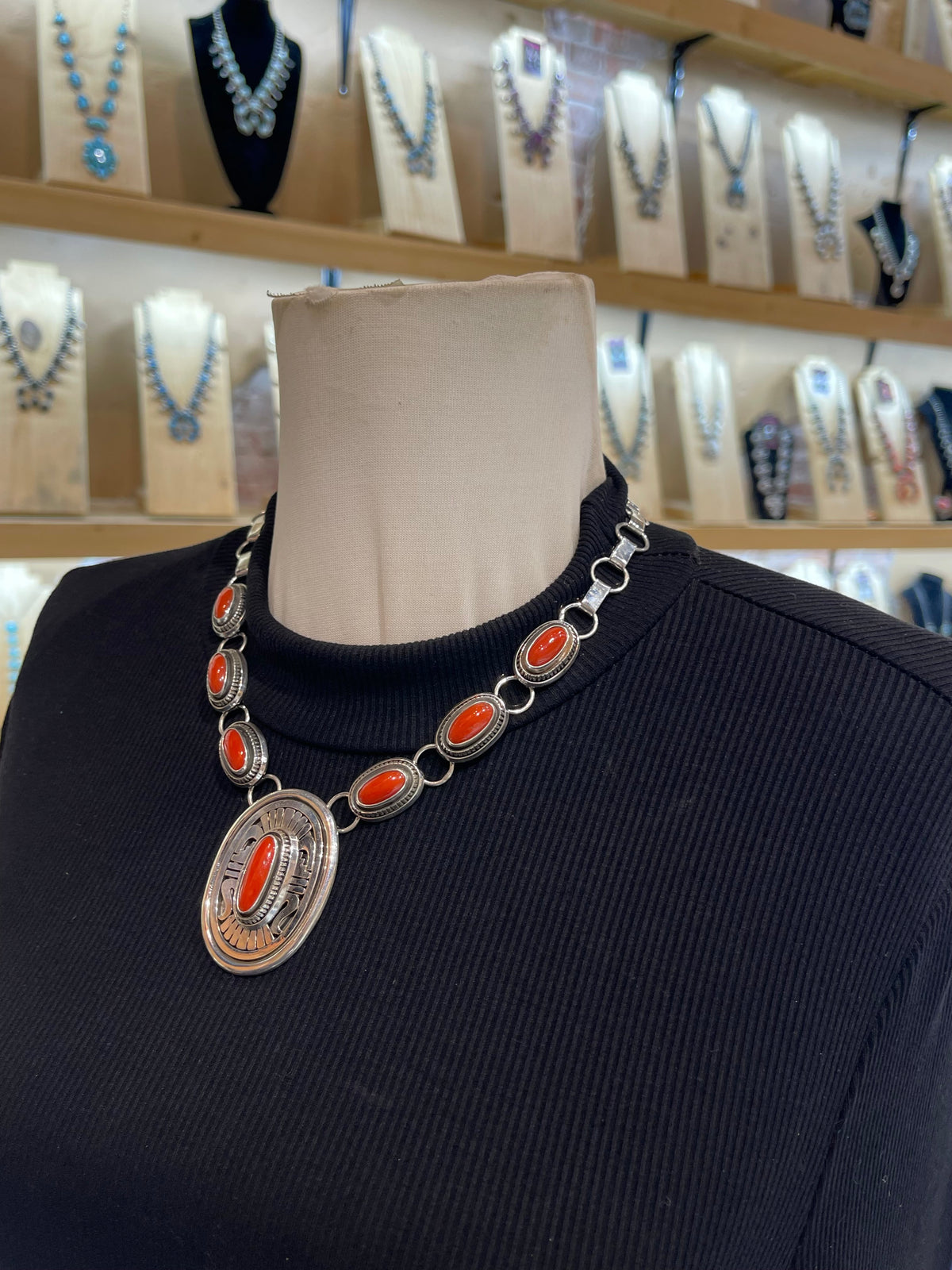20" Red Coral Necklace Silver Overlay Design by Leonard Nez, Navajo