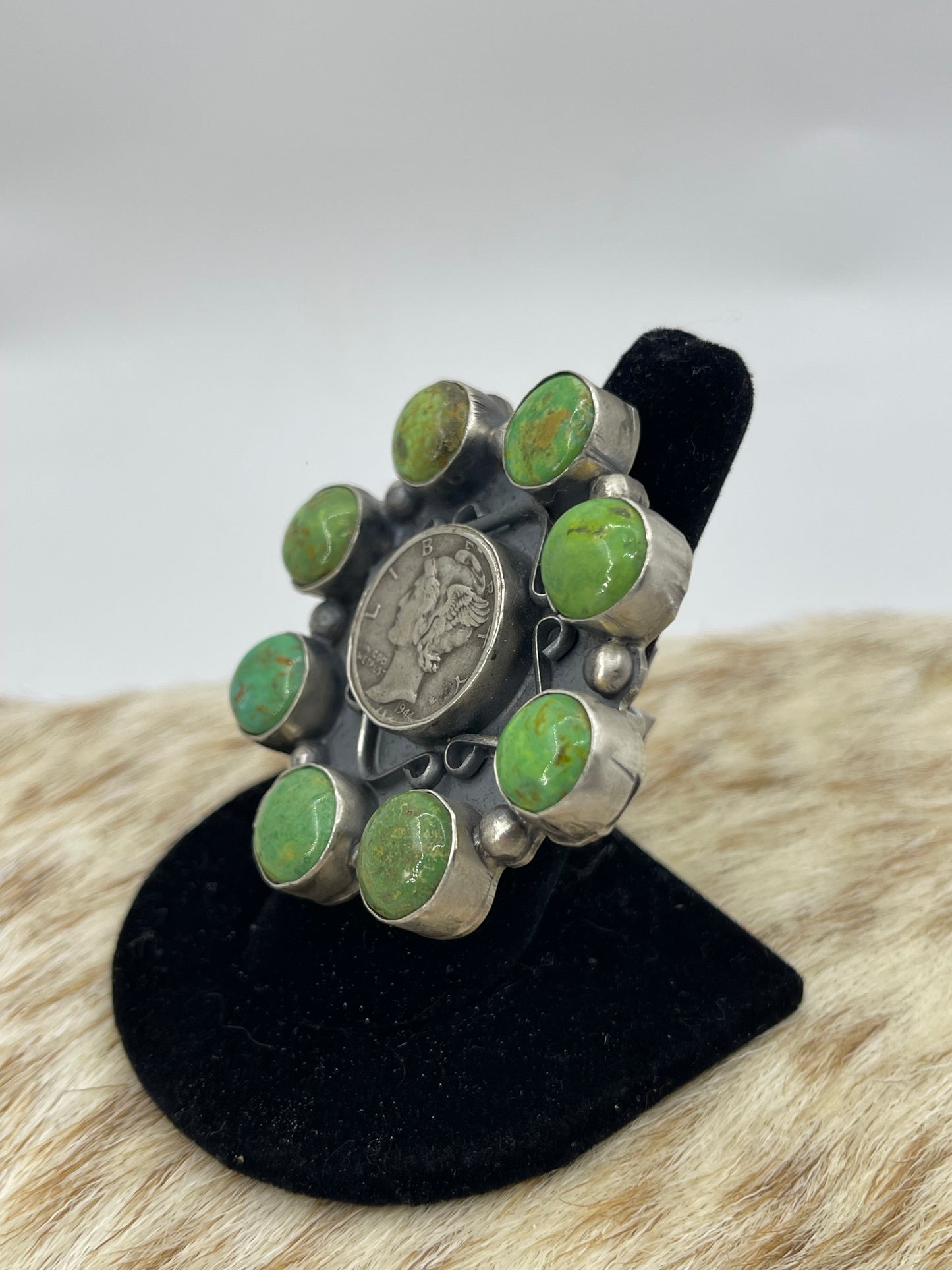 1944 Silver Dimes and Sonoran Gold Cluster by Phil Nez, Navajo, Size 8.0