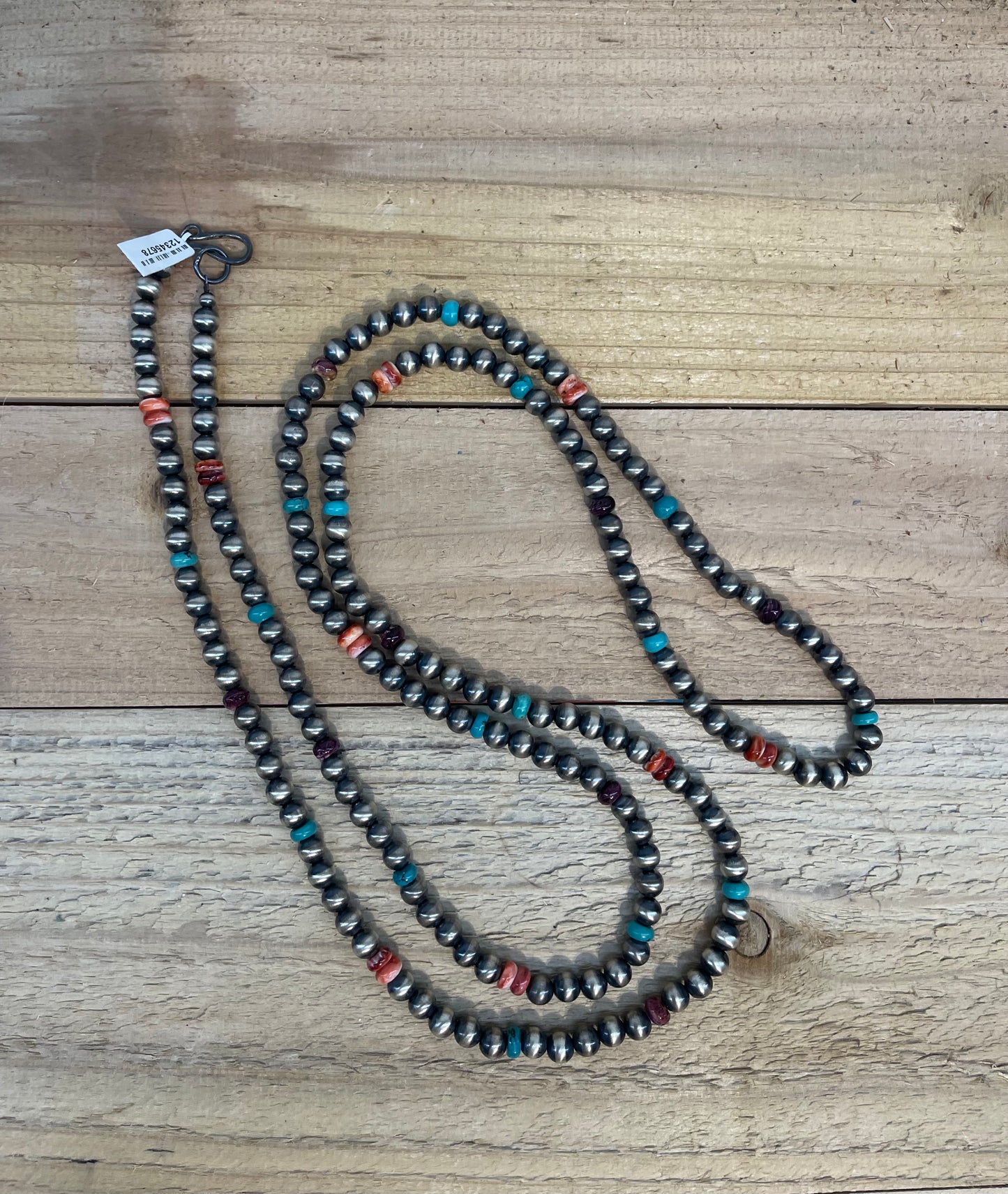 60" 8mm Navajo Pearls, Turquoise, and Spiny Oyster Shell Necklace