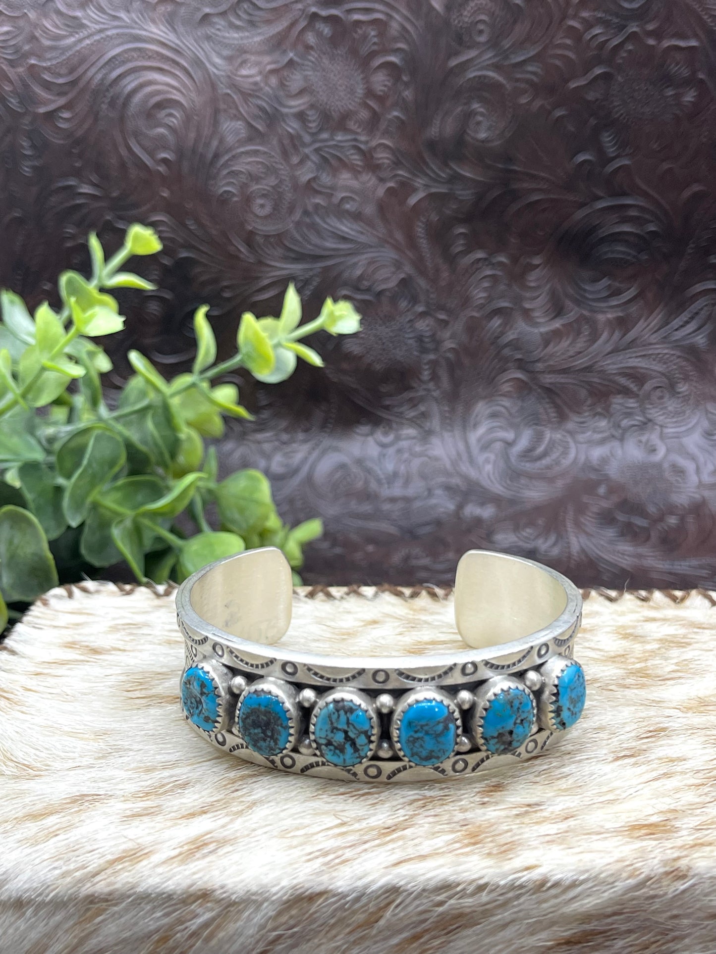 6.26" - 7.5" 6 Stone Sleeping Beauty Turquoise Cuff