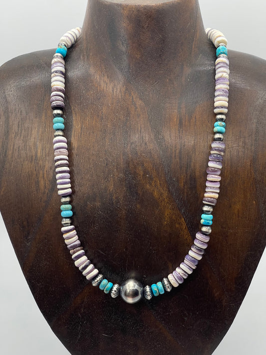 18" 14mm Wampum Shell, Turquoise, and Navajo Pearls Necklace