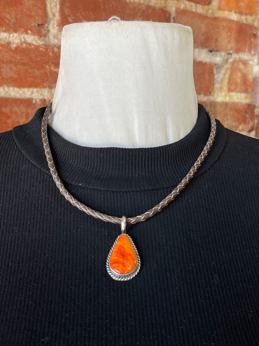 Orange Spiney Oyster with Leather Necklace by Donovan Skeets, 8mm Bale 18"