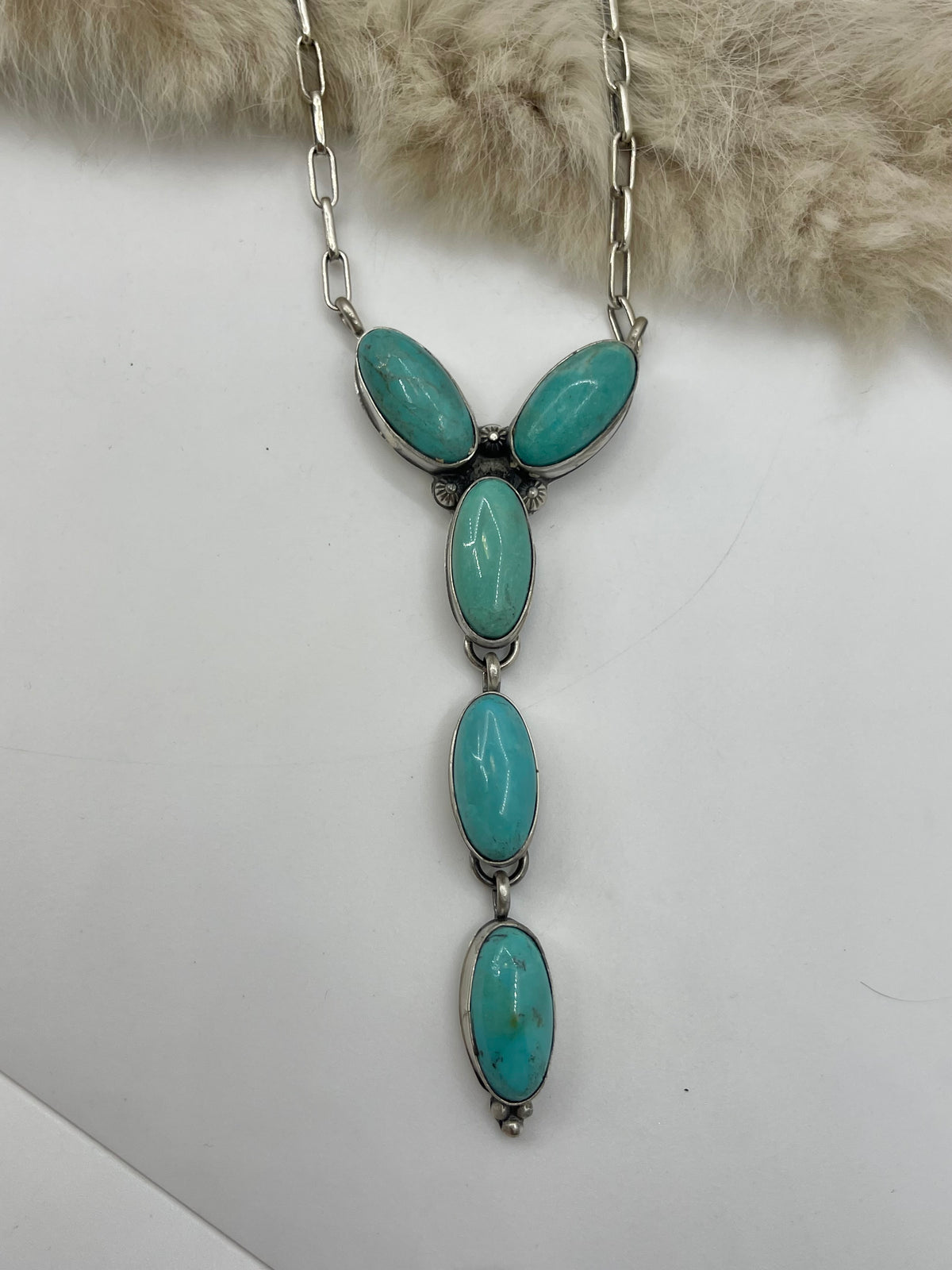 18” +3.5” 5 Stone Turquoise Lariat Necklace Stamp L by Artist
