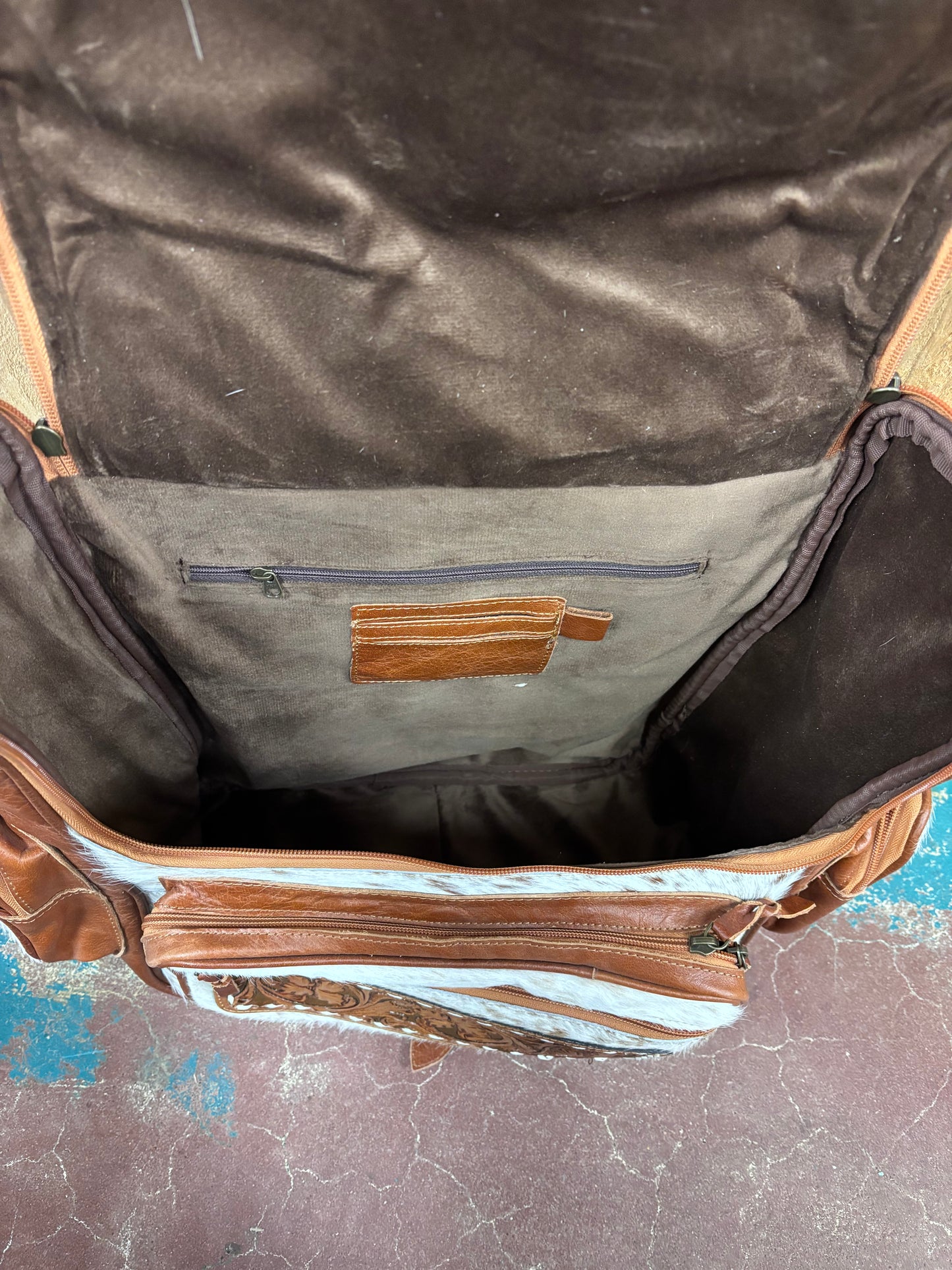 Red and White Cowhide Brown Tooled Leather Backpack