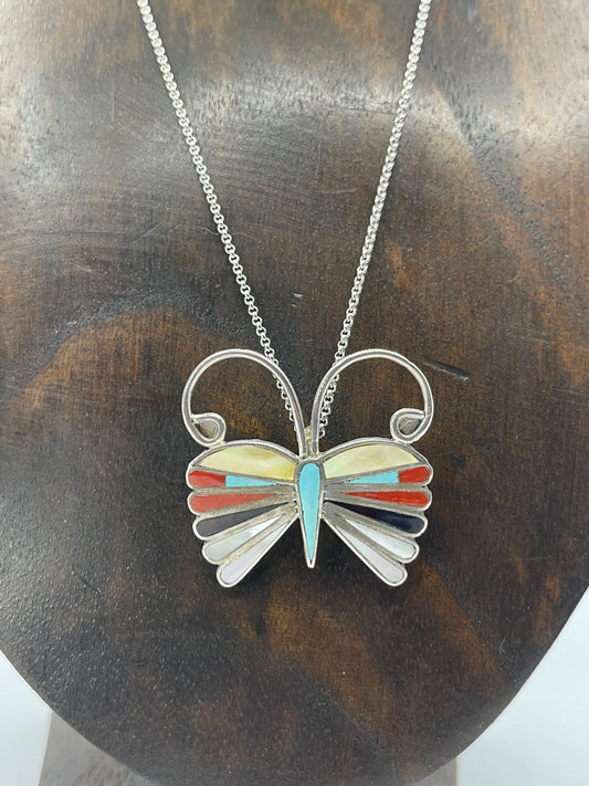 18" Inlay Bufferfly Pin and Pendant Necklace by EE, Zuni