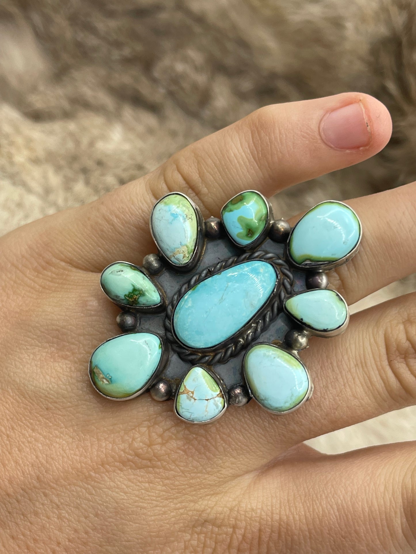 Adjustable 7.0-11.0 Sonoran Gold Turquoise Cluster Ring by Aldora Henry, Navajo