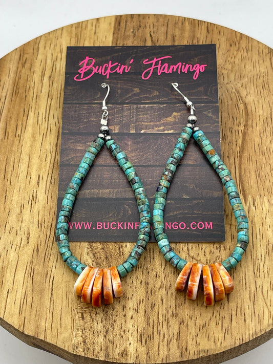 Orange Spiny and Turquoise Heishi Beaded Teardrop Dangle Earrings