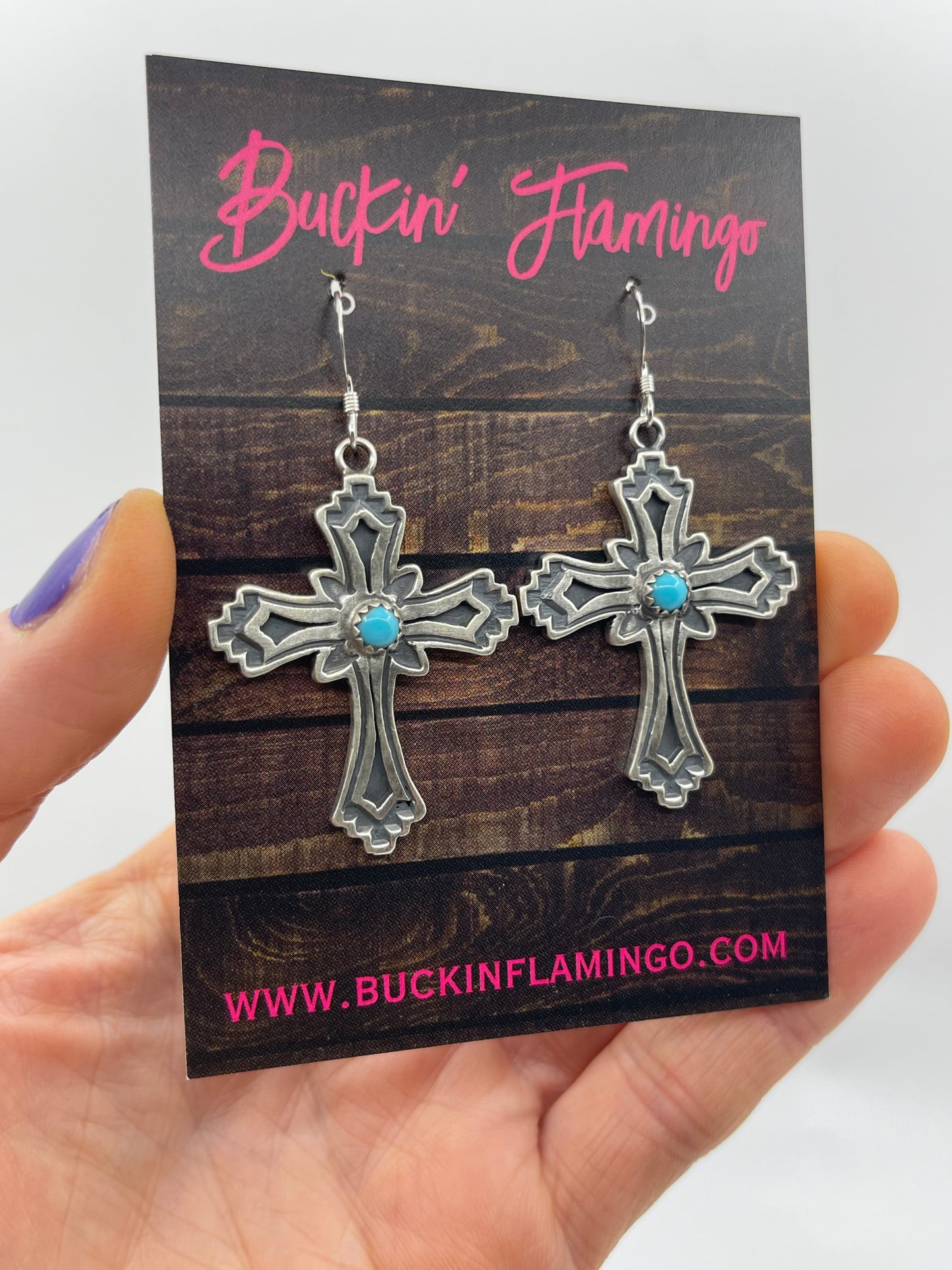 Silver Overlay Turquoise Cross Dangle Earrings by Louise Joe, Navajo