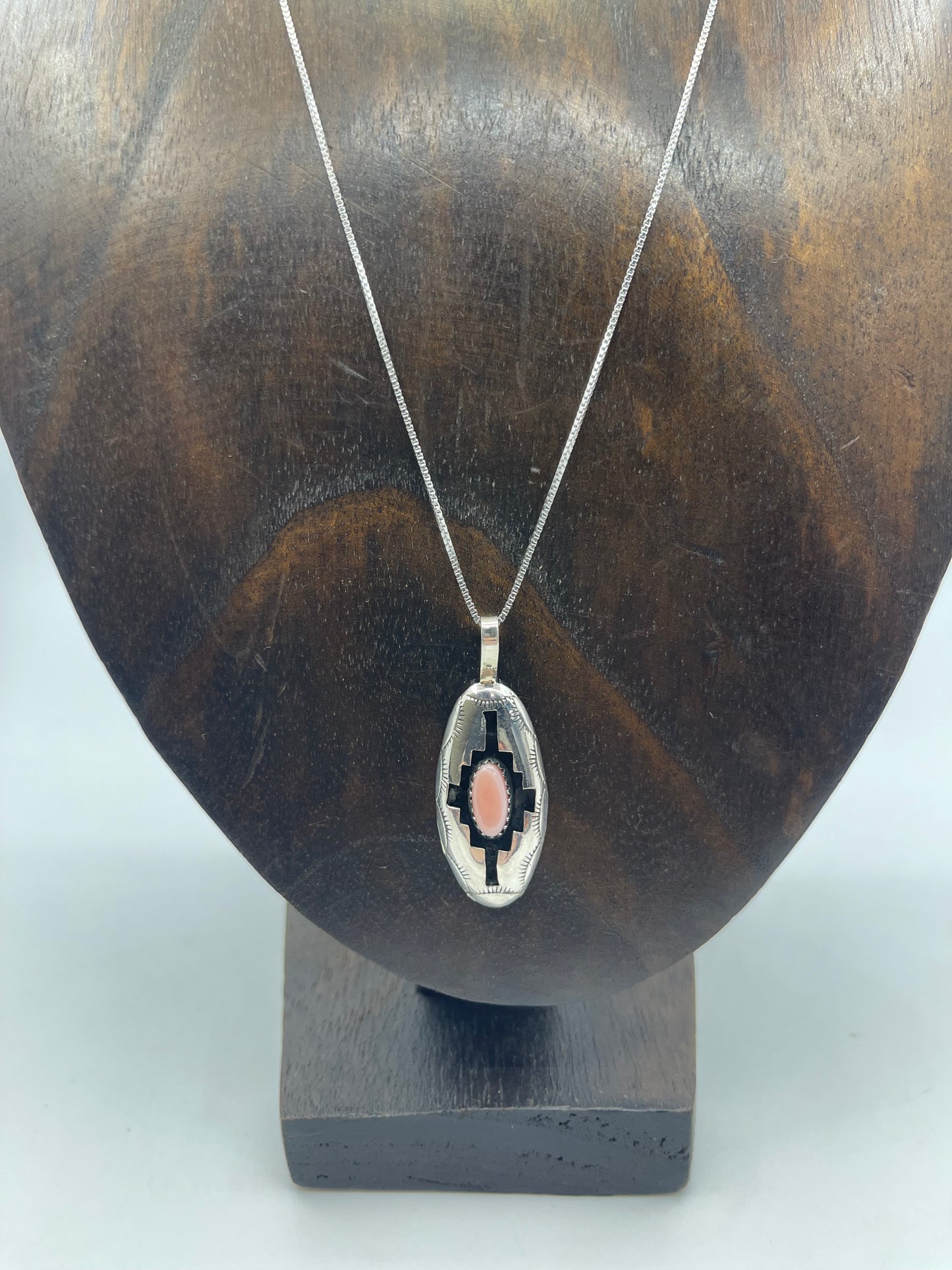 18" Pink Conch Shell Shadowbox Pendant Necklace by Felix Perry, Navajo