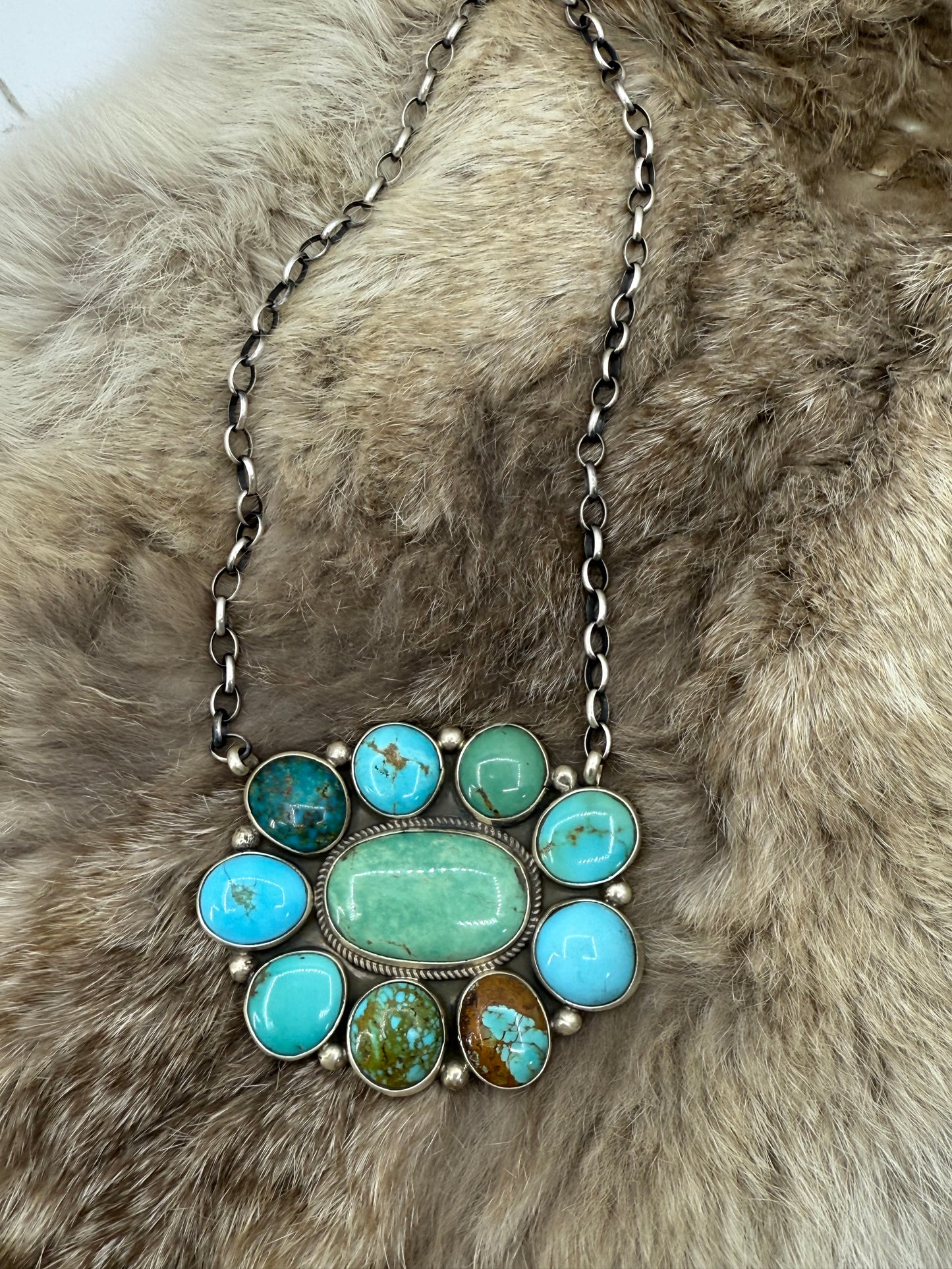 16" Large Kingman Turquoise Cluster Necklace by Geraldine James, Navajo