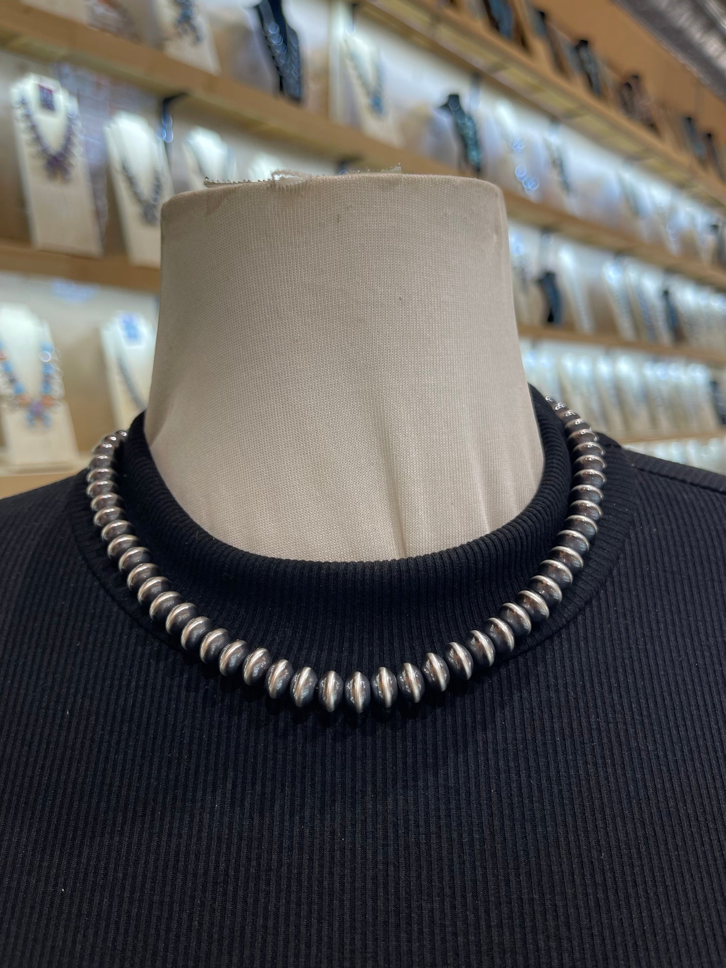 18” 9mm Rondelle Navajo Style Pearl Necklace