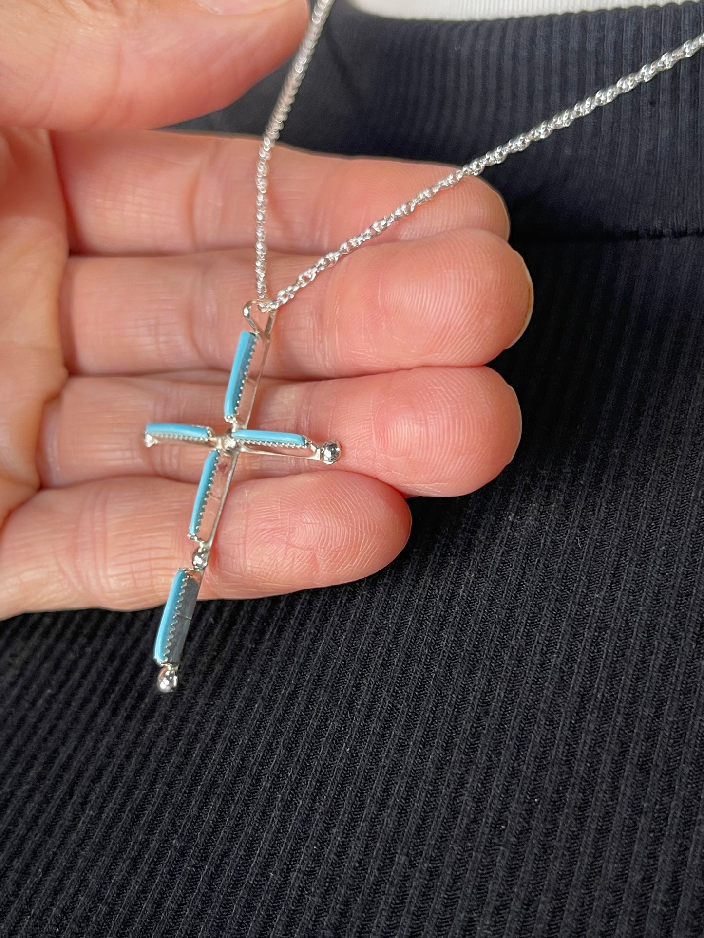 18" Zuni Needlepoint Turquoise Cross Necklace by Ashley Laate, Zuni