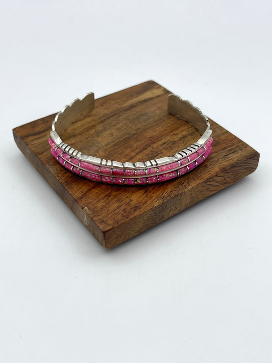 6"-6.5" Hot Pink Opal Inlay 2 Row Cuff by Sheldon Lalio, Zuni