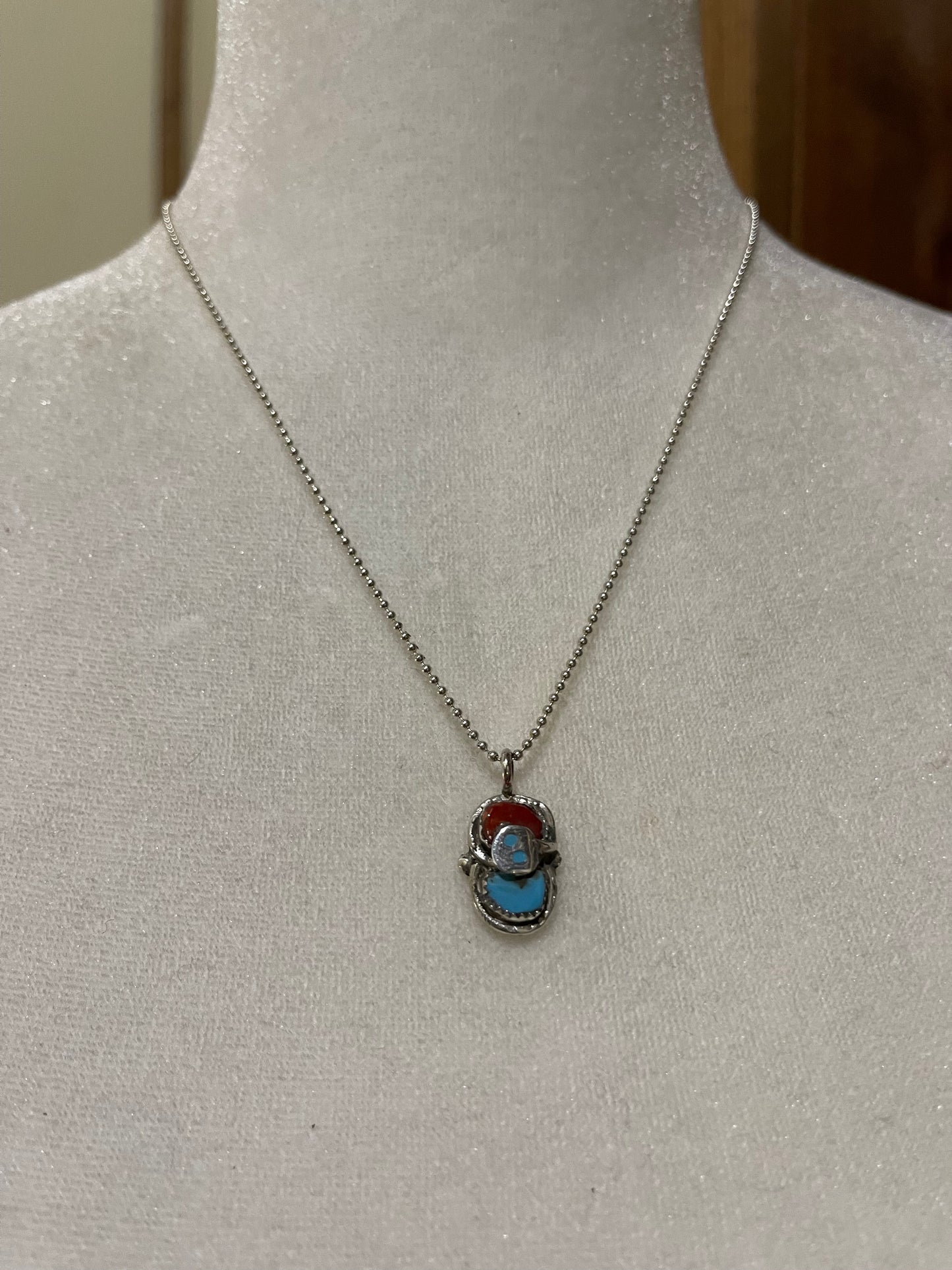 Red Coral and Turquoise Snake Pendant Necklace by Gayle Calabeza, Zuni