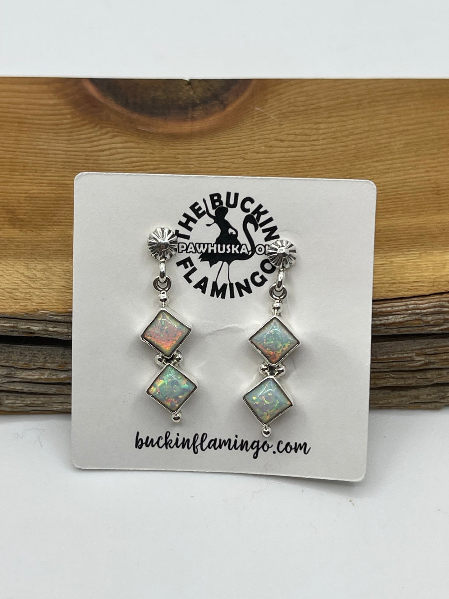 2 Stone White Opal Post Dangle Earrings by Verley Betone, Navajo