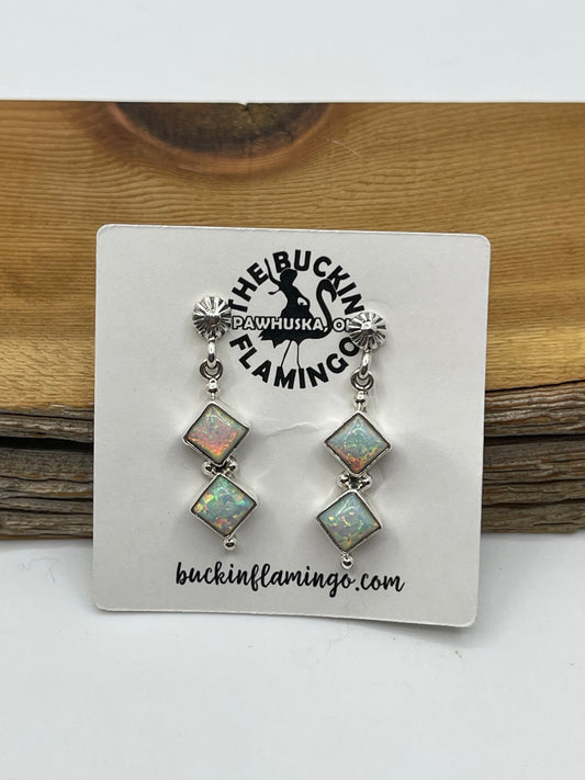 2 Stone White Opal Post Dangle Earrings by Verley Betone, Navajo